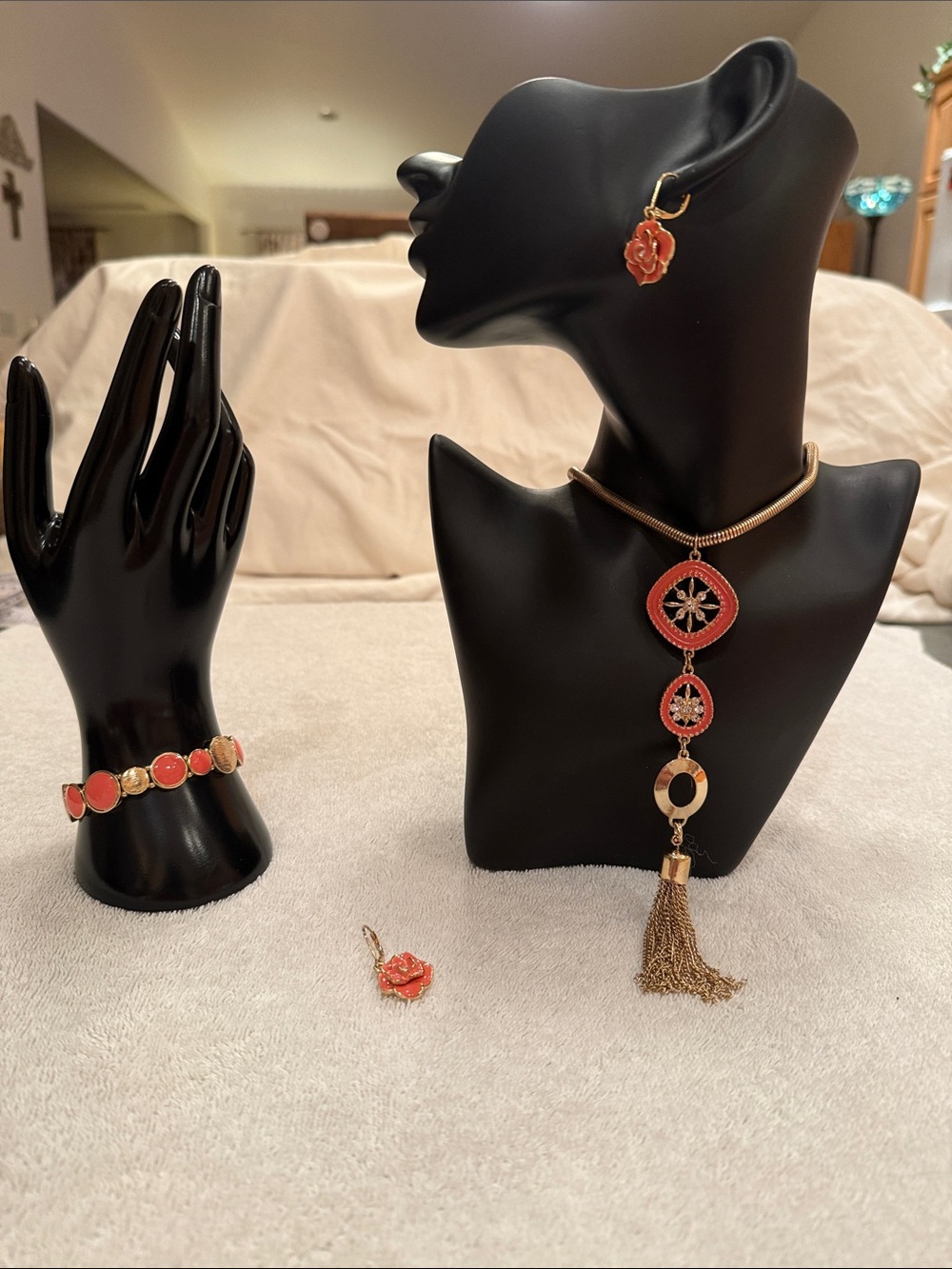 Gold & Coral Enamel Flower Necklace, Bracelet & Earrings